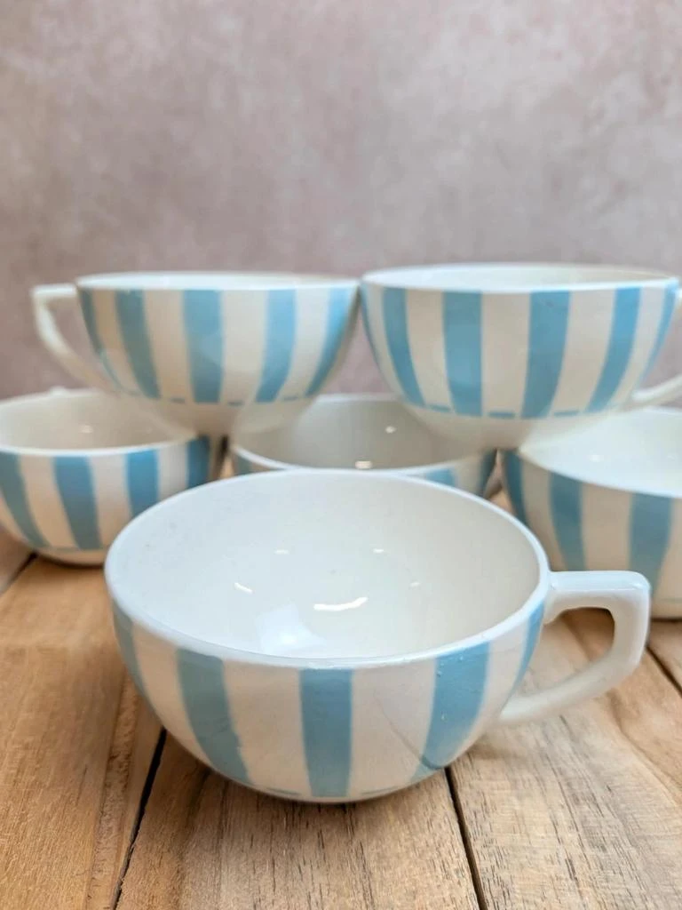 Lot de 6 tasses Terre de Fer Digoin France rayures bleues vintage